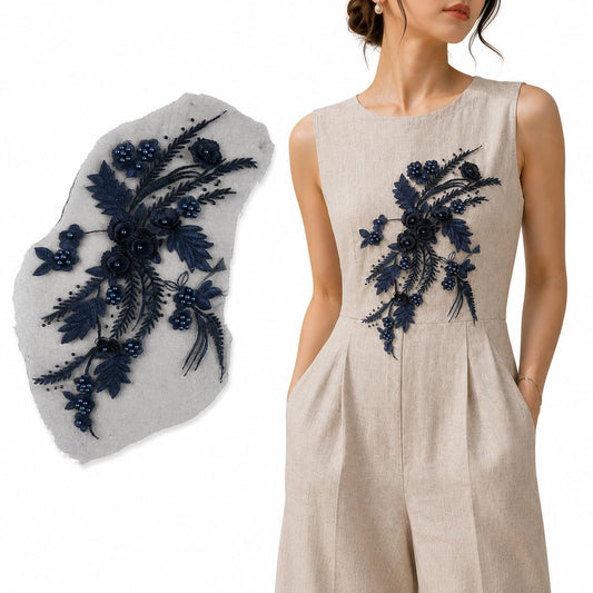 S.A.V.I Floral Embroidery Patch Sew-On Applique, Navy Blue|34 x 25 cm Lace Motif with 3D Pearls for Kurtis, Dresses, Blouses, DIY Craft & Garment Customization