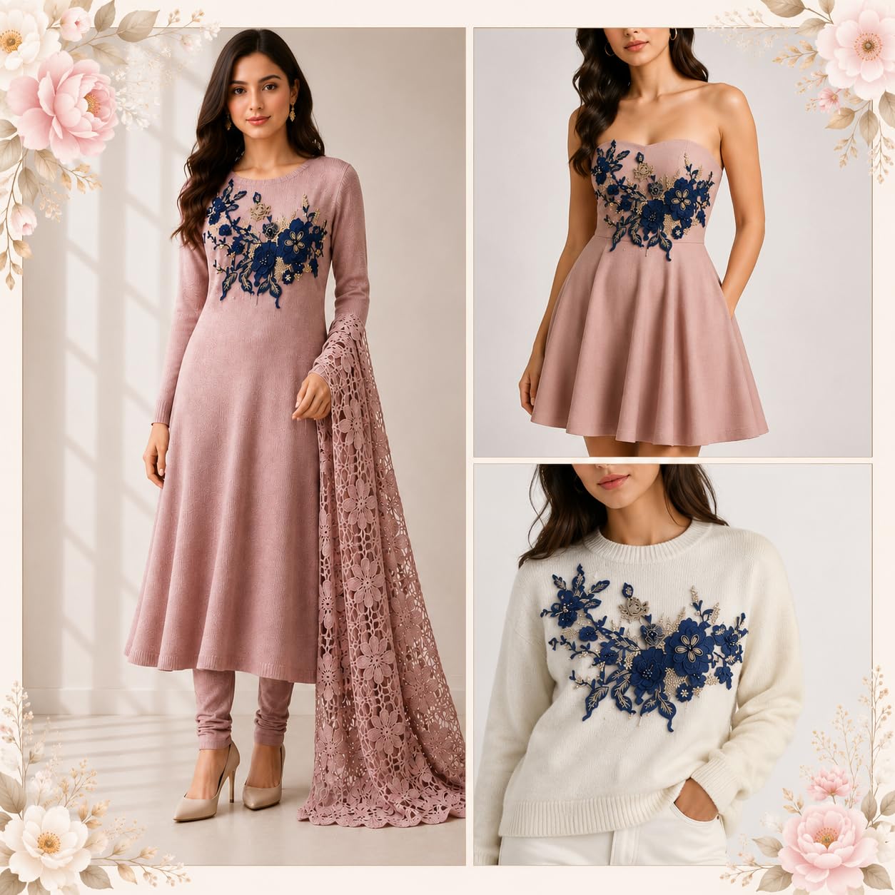 S.A.V.I Floral Embroidery Patch Sew-On Applique Navy Blue 36 x 25 cm|Gold Beaded Lace Motif for DIY Blouse, Gown, Sweater, Kurti & Costume Customization