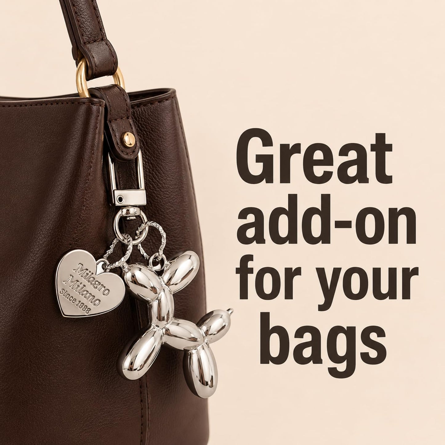 S.A.V.I Balloon Dog Keychain Silver Metal Bag Charm Key Ring Pendant, Cute mirror-finish accessory with lobster clasp for handbags, backpacks & car keys; stylish gift for women, girls & teens.