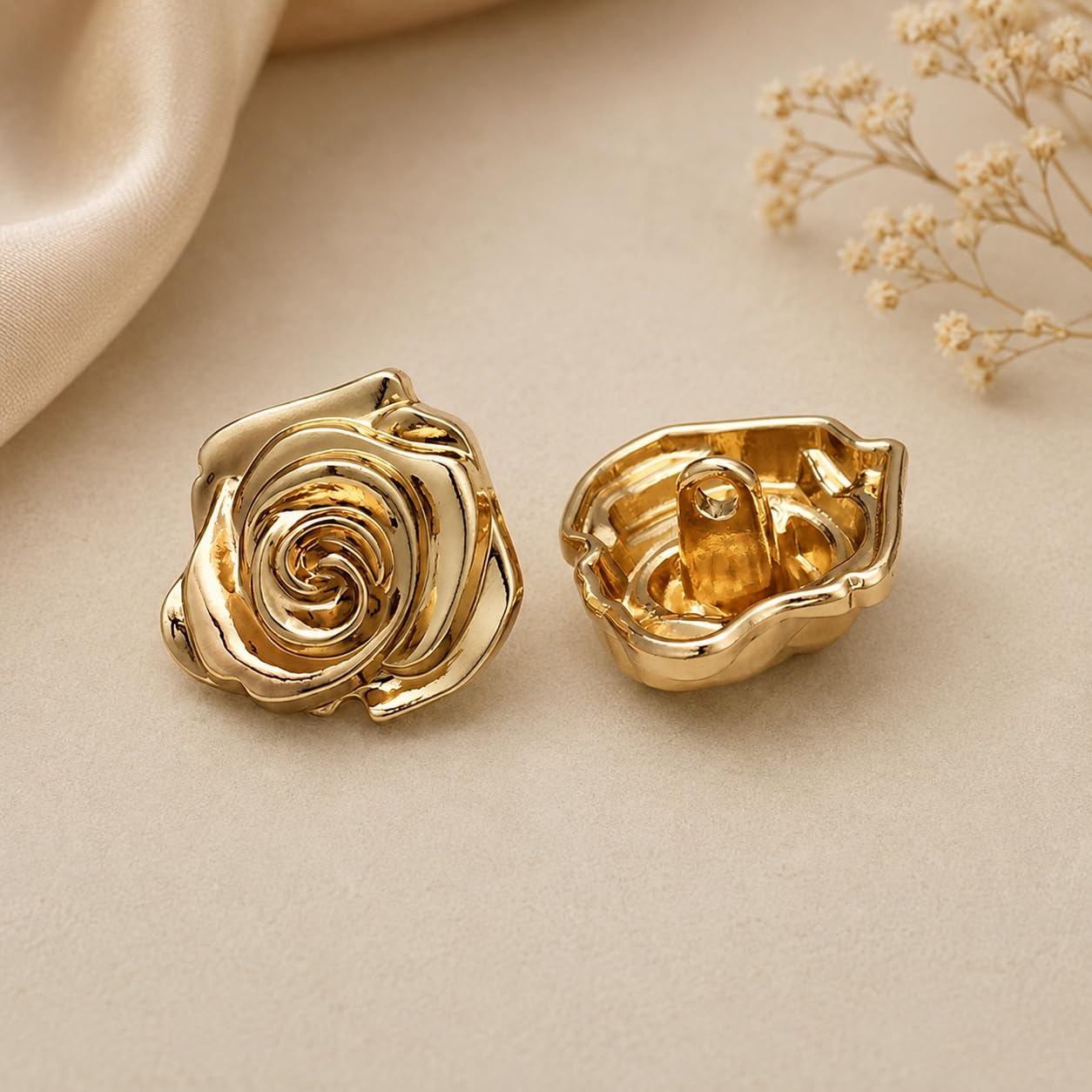 S.A.V.I Golden Rose Shank Buttons 15mm Metallic Finish Set of 6 | Sculpted Floral Design, for Kurti & Blouse, DIY Craft Use, Sewing Fasteners, Women's Wear
