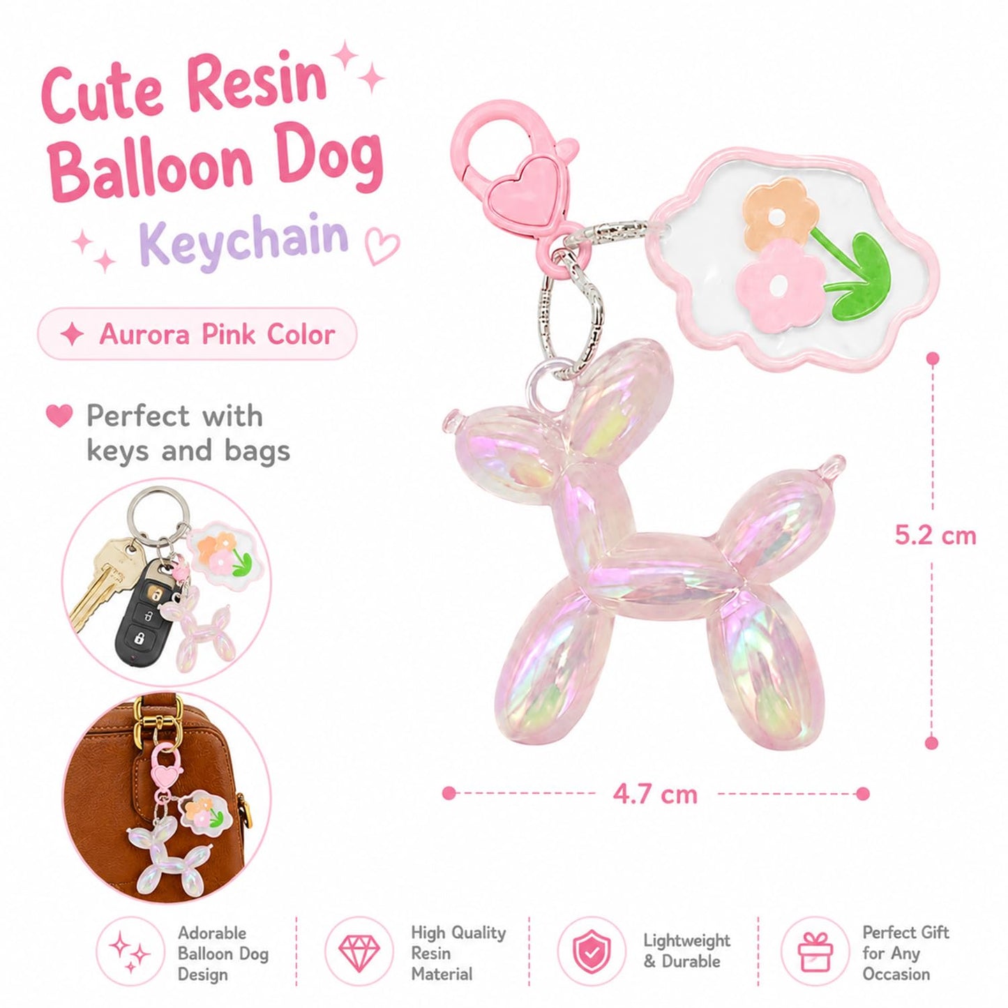 S.A.V.I Cute Balloon Dog Keychain Resin Bag Charm Pink Floral Pendant, Aurora Finish, 5.2 cm Lightweight Accessory with Heart Clasp, Durable Decorative Gift for Women, Girls, Handbags & Keys