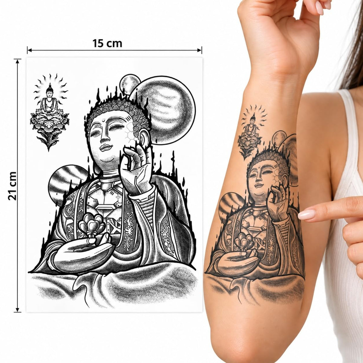 S.A.V.I Buddha Temporary Tattoo Black & Grey Lotus, 15x21 cm