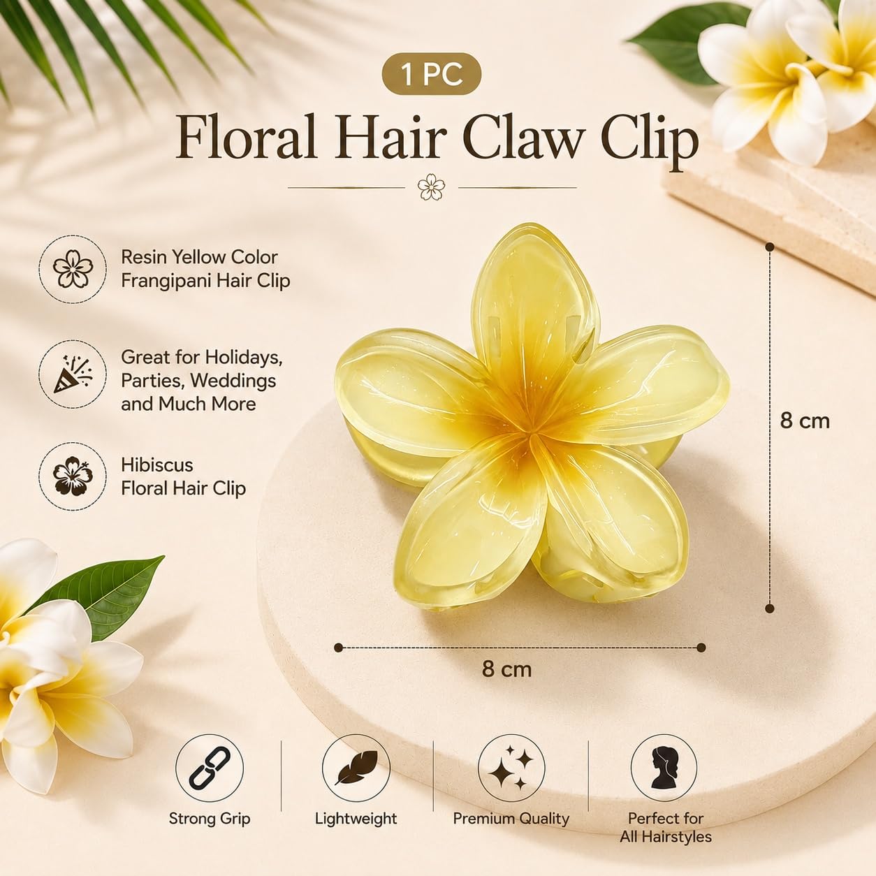 S.A.V.I Yellow Plumeria Resin Flower Hair Claw Clip for Women 8cm | Strong Grip, Lightweight, Thick & Thin Hair, Parties & Weddings, Holiday Accessory
