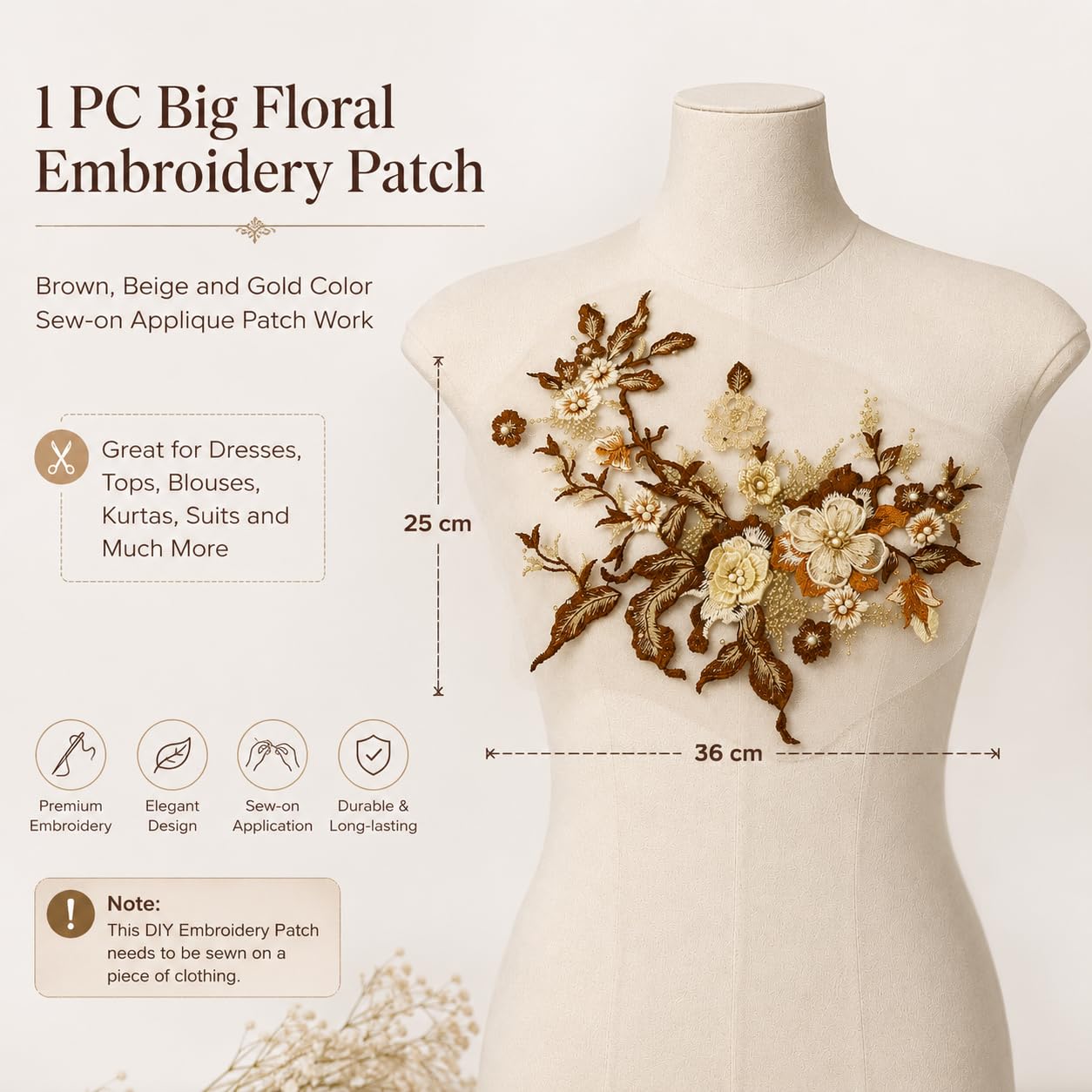 S.A.V.I Floral Embroidery Patch Sew-On Applique for Dresses|Brown Beige Gold, 36 x 25 cm DIY Lace Motif for Kurtas, Blouses, Sarees, Gowns, Costumes & Craft Customization