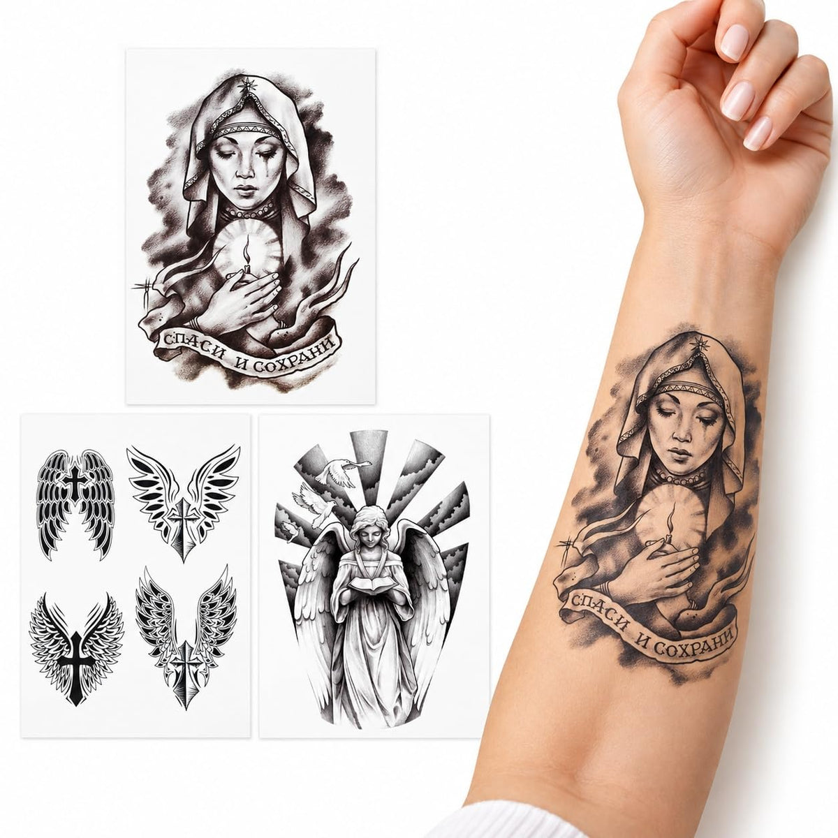 S.A.V.I Temporary Tattoo Stickers Angel Wings with Religious Designs