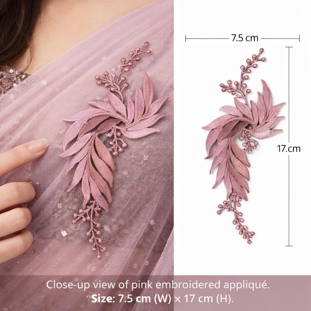 S.A.V.I Pink & Silver Floral Iron-On Embroidered Appliqué Patch 7.5 x 17 cm | Leaf Motif Threadwork Design for Dresses, Sarees, Blouses & DIY Fabric Craft (Left, Pink, 7.5 x 17 cm)