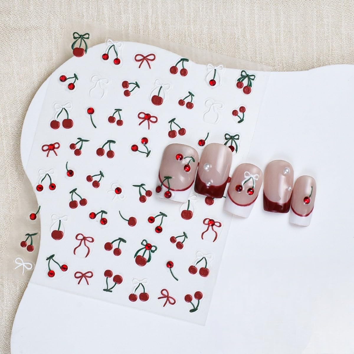 S.A.V.I 2 Sheets - 3D Cherry & Bow Nail Art Stickers | Red & Green Rhinestone Gel Resin Self-Adhesive DIY Decals | for Manicure & Nail Decoration