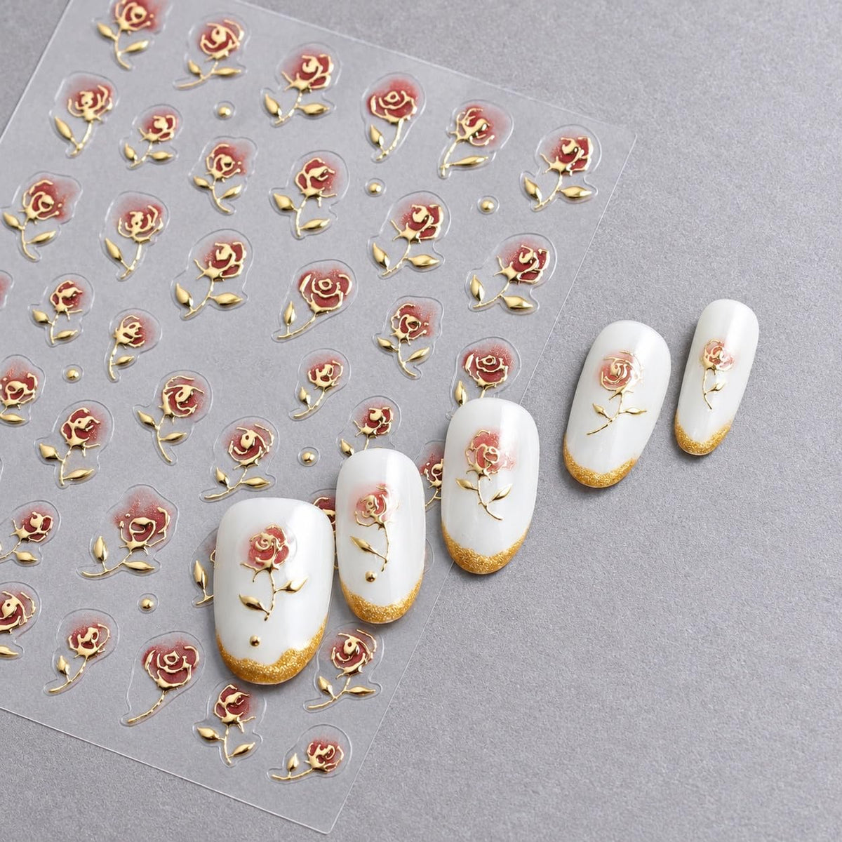 S.A.V.I 3D Rose Nail Art Stickers Self Adhesive Floral Decals 2 Sheets | Pink & Metallic Gold, Embossed Flower Designs, DIY Manicure Decor, 7 x 9 cm, Salon Style Finish