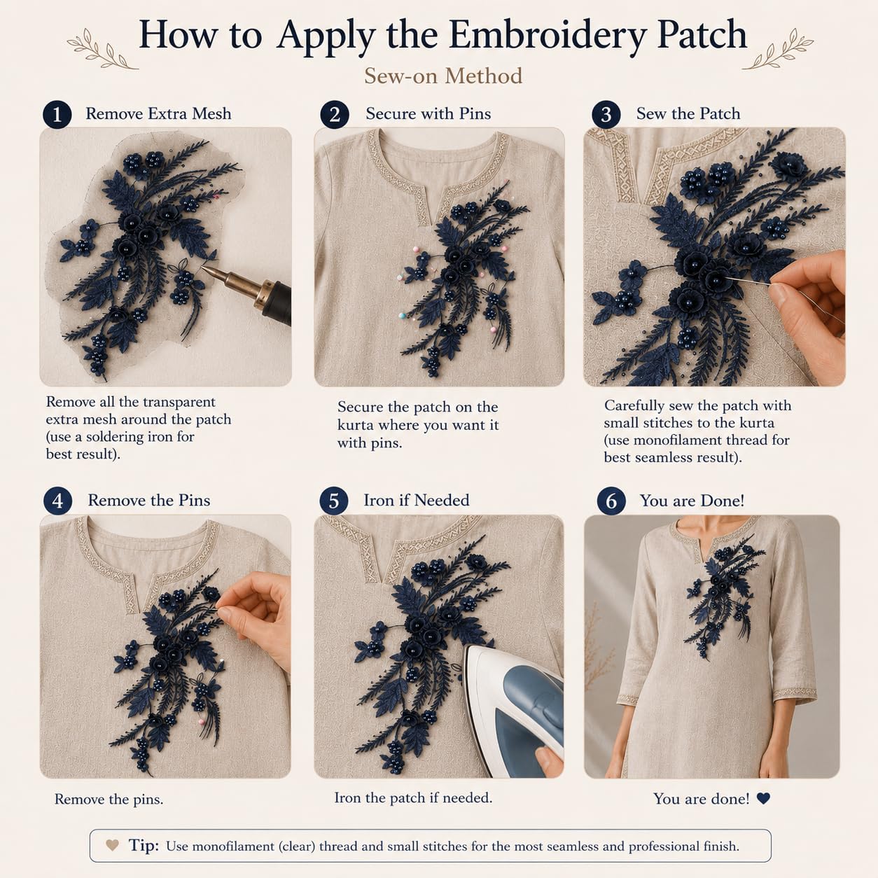 S.A.V.I Floral Embroidery Patch Sew-On Applique, Navy Blue|34 x 25 cm Lace Motif with 3D Pearls for Kurtis, Dresses, Blouses, DIY Craft & Garment Customization