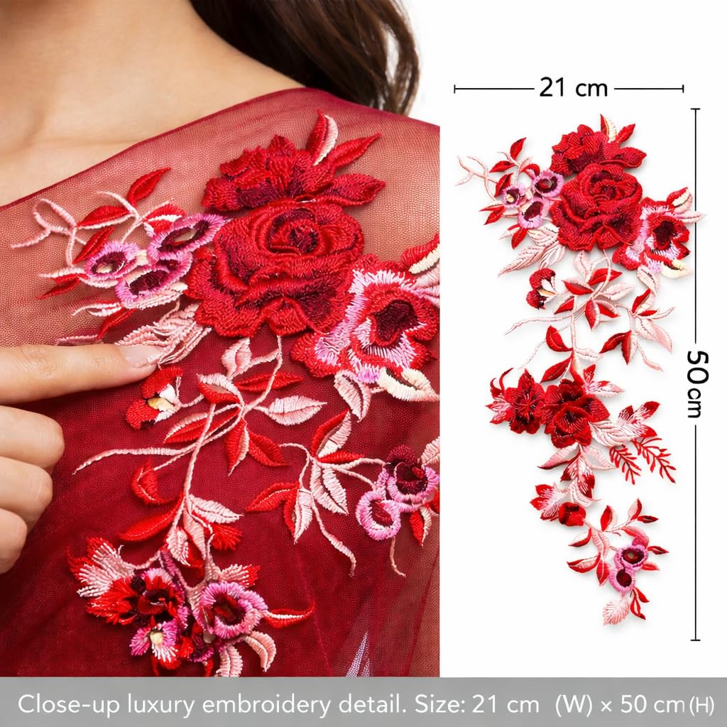 S.A.V.I Red & Pink Floral Embroidered Lace Applique Patch (21x50 cm), Net Fabric Vertical Vine Design, Sew-On for Dress, Gown, Blouse & Lehenga Decoration (Red)