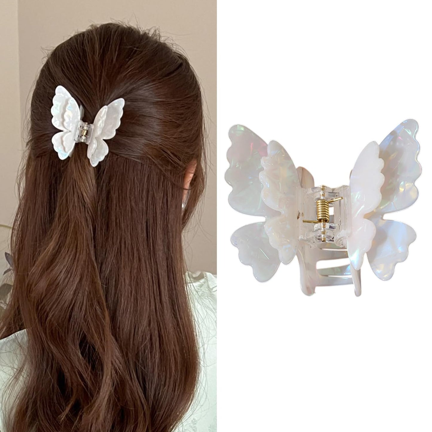 S.A.V.I Butterfly Hair Claw Clip for Women & Girls | 7.5 cm Large Acrylic Hair Clip | Mermaid White Iridescent Finish | Strong Hold Jaw Clip | Stylish Hair Accessory for Daily Use & Styling
