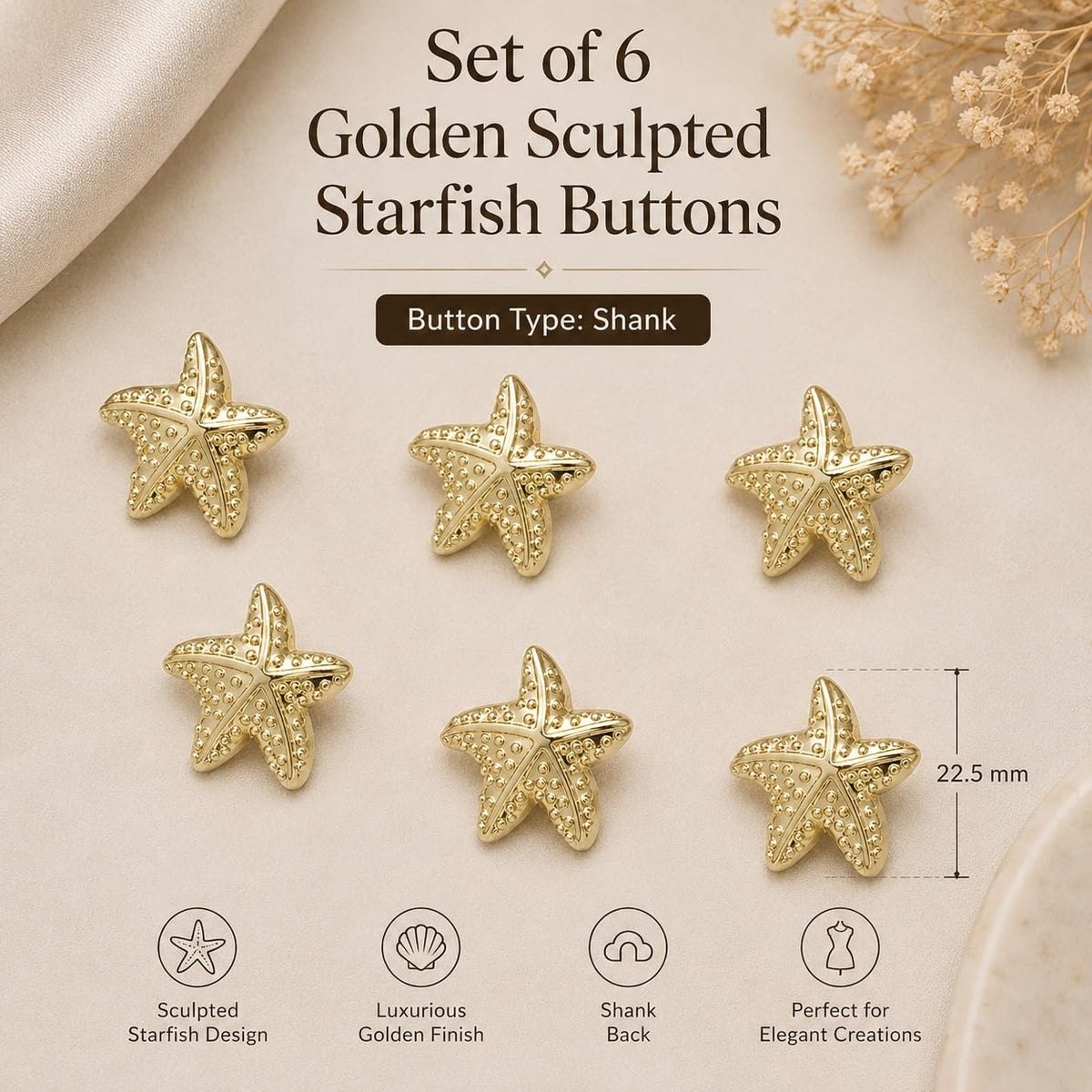 S.A.V.I Golden Starfish Shank Buttons 22.5mm for Sewing & Crafts | Set of 6, Sculpted Sea Star Design, Gold Tone Finish, For Blazers & Jackets, DIY Embellishment
