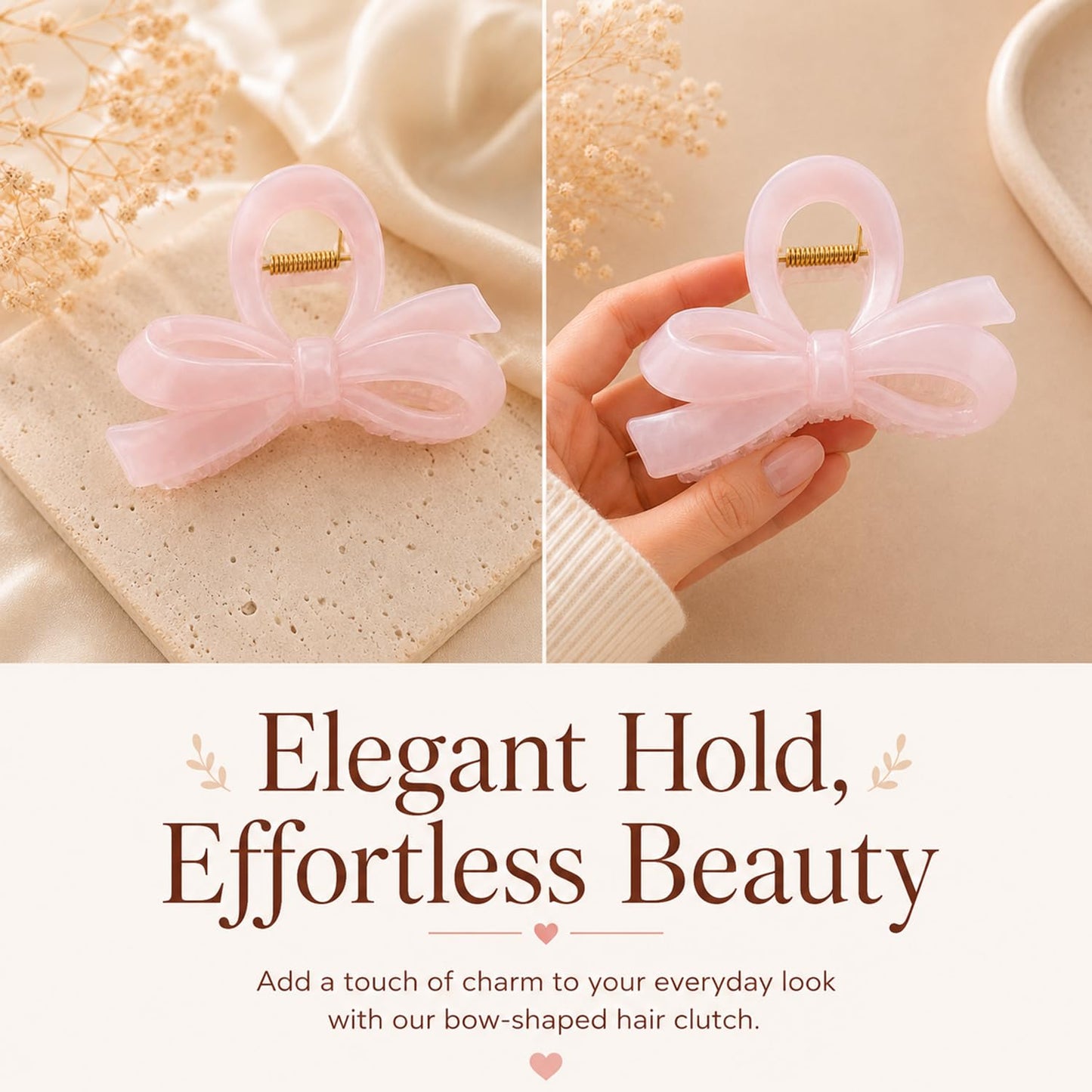 S.A.V.I Hair Claw Clips Set of 3, Bow Flower & Shell, 7-8 cm, Brown Tortoise & Pink, Strong Acrylic Grip for Thick & Medium Hair, Everyday