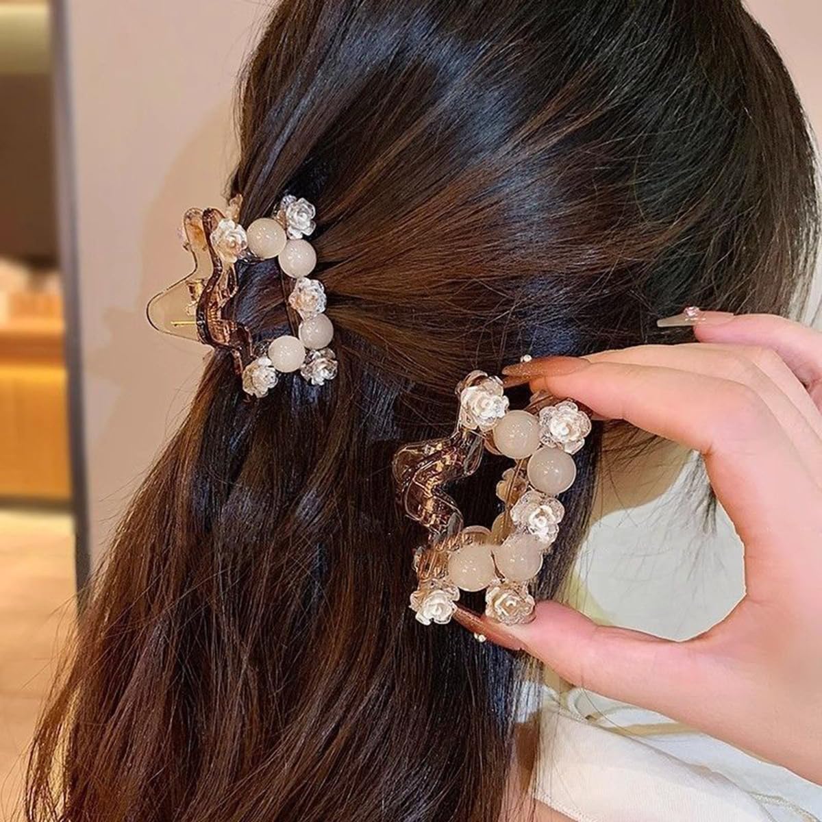 S.A.V.I Women’s Beige Floral Pearl Hair Claw Clip 7 cm | Acrylic Rose Design Clutcher | Elegant Small Star Shape Hair Accessory for Daily, Party Styling & Gifting