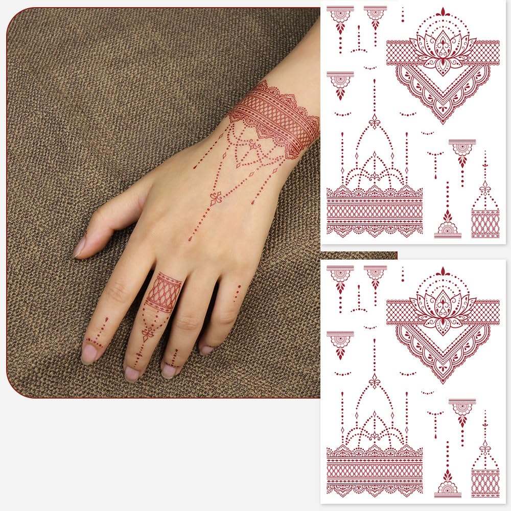 S.A.V.I 2 Sheets - Temporary Mehndi Tattoo Stickers for Hands (16x12 cm) | Red Henna Style | Waterproof, Non-Toxic | Mandala & Floral Design for Women & Girls | Festival & Bridal Use (#39)