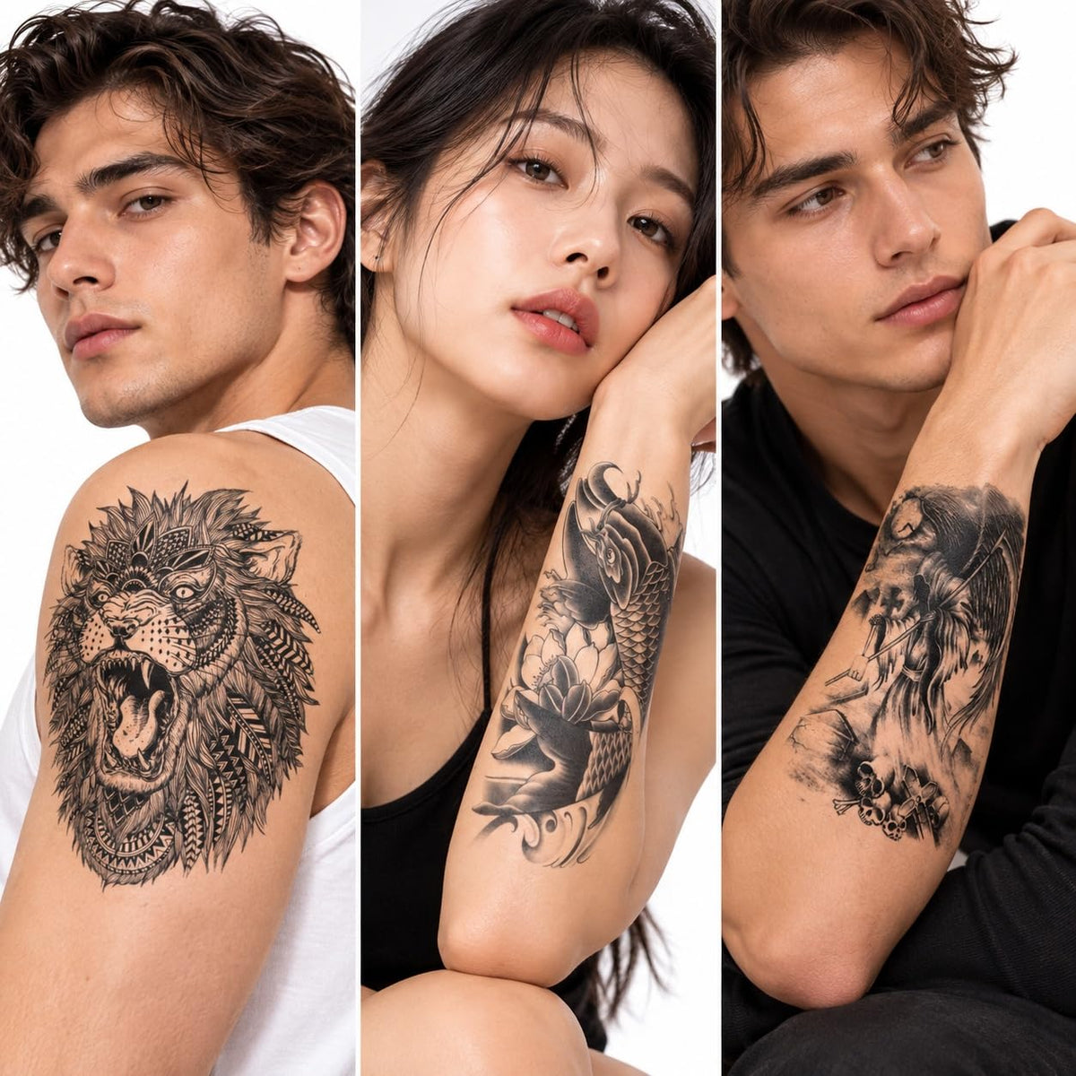 S.A.V.I 3pcs Temporary Tattoo Stickers, Grim Reaper, Koi Fish & Tribal Lion