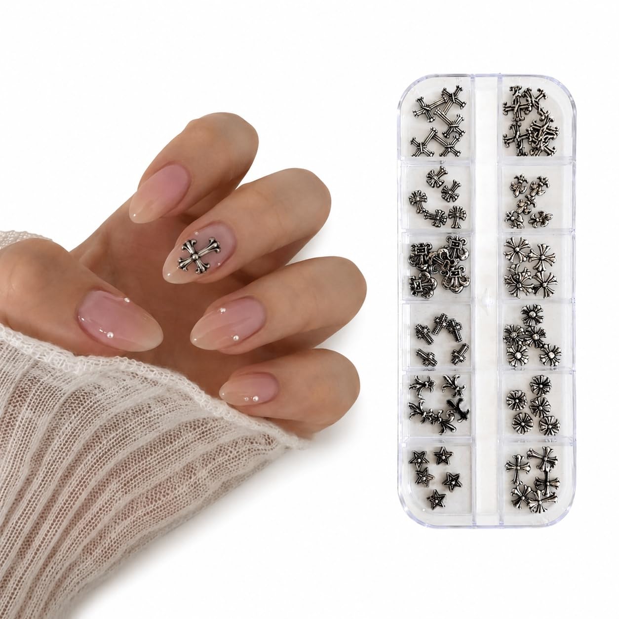 S.A.V.I 3D Alloy Gothic Cross Nail Charms, 12 Styles, Gun Black | Retro Punk Design, 12-Section Storage Box, DIY Manicure Use, Metal Studs, Salon & Home