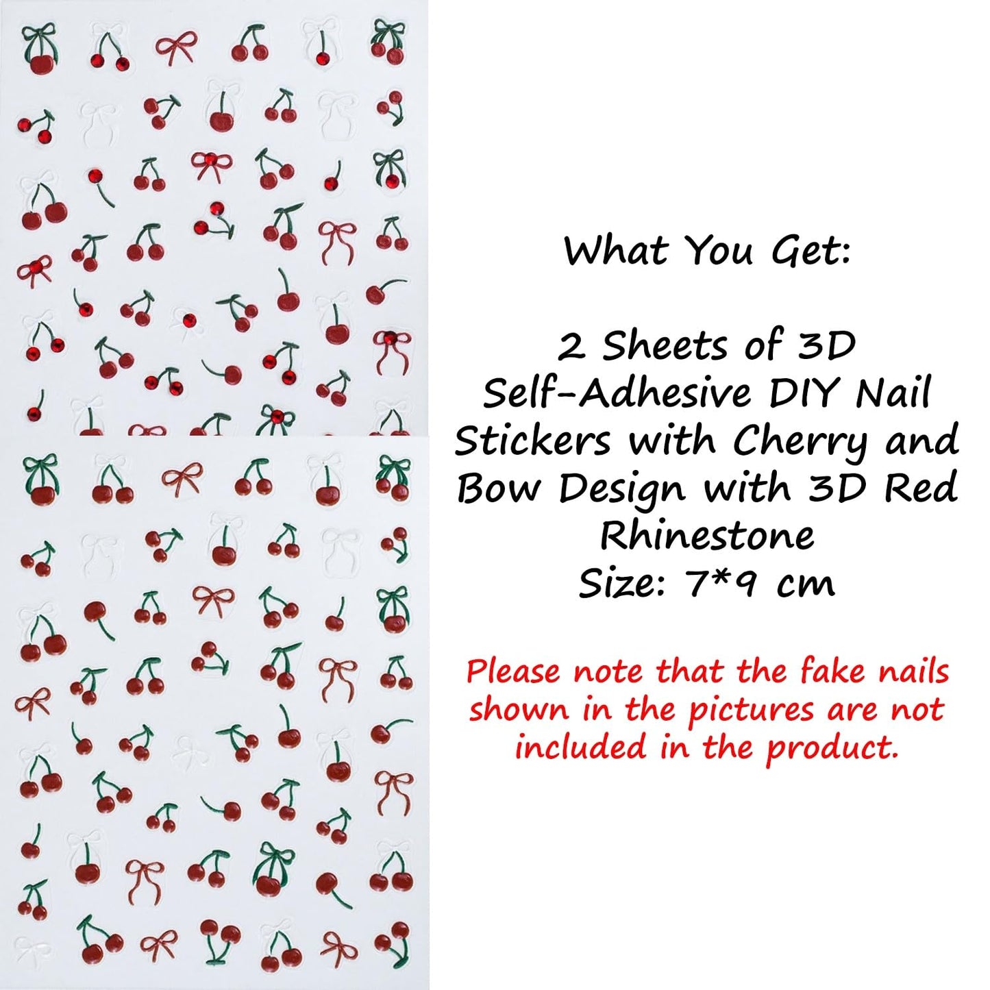 S.A.V.I 2 Sheets - 3D Cherry & Bow Nail Art Stickers | Red & Green Rhinestone Gel Resin Self-Adhesive DIY Decals | for Manicure & Nail Decoration