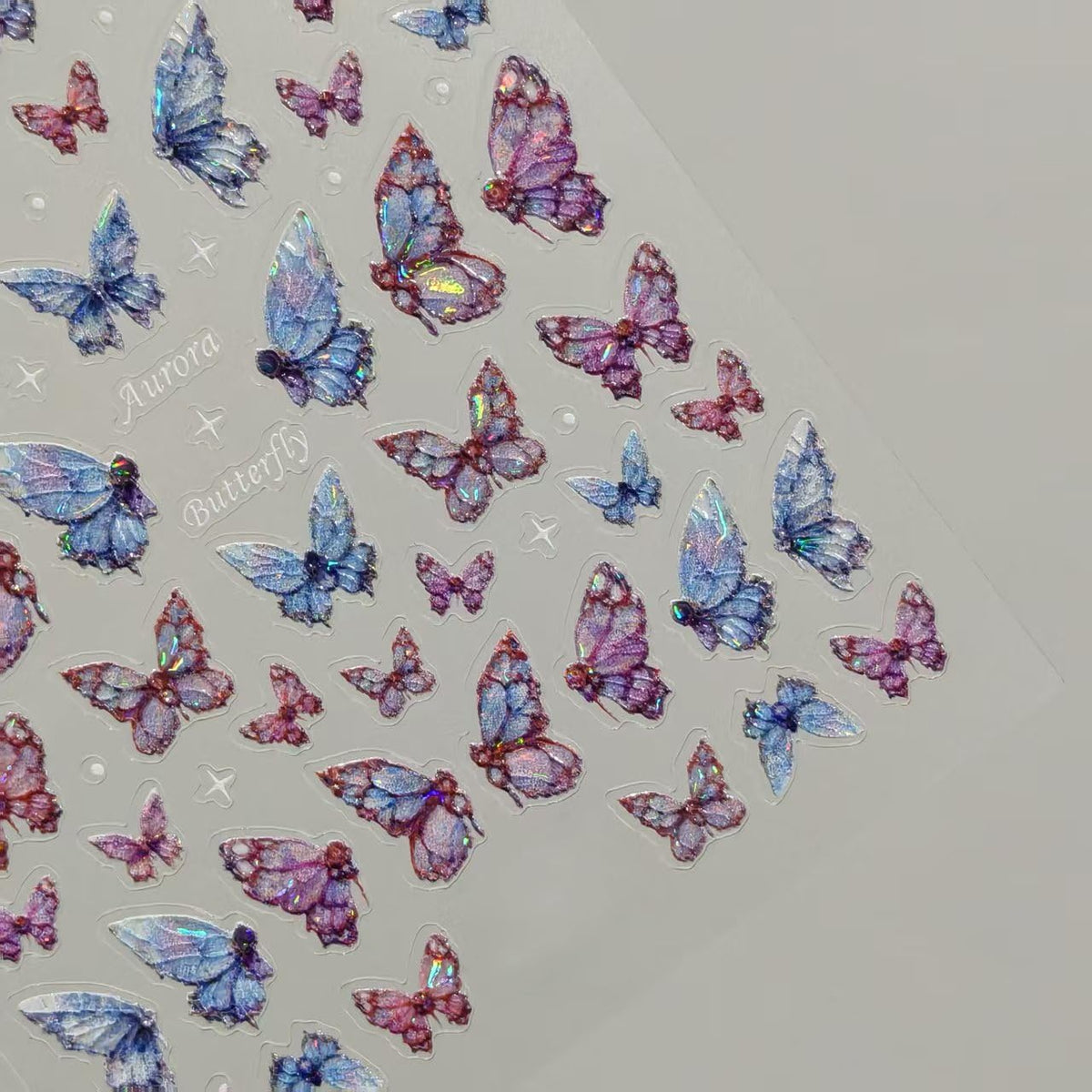 S.A.V.I 3D Butterfly Nail Art Stickers Iridescent Holographic Decals | Set of 2 Sheets, 8 x 10 cm Each, Self Adhesive, Pink Blue Multicolour, Easy Peel and Stick