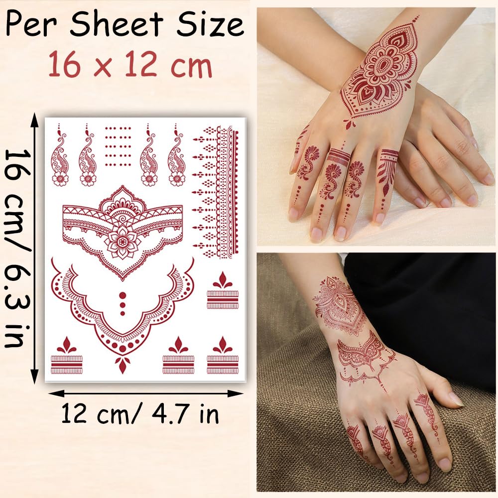 S.A.V.I 2 Sheets - Temporary Mehndi Tattoo Stickers for Hands (16x12 cm) | Red Henna Style | Waterproof, Non-Toxic | Mandala & Floral Design for Women & Girls | Festival & Bridal Use (#45)