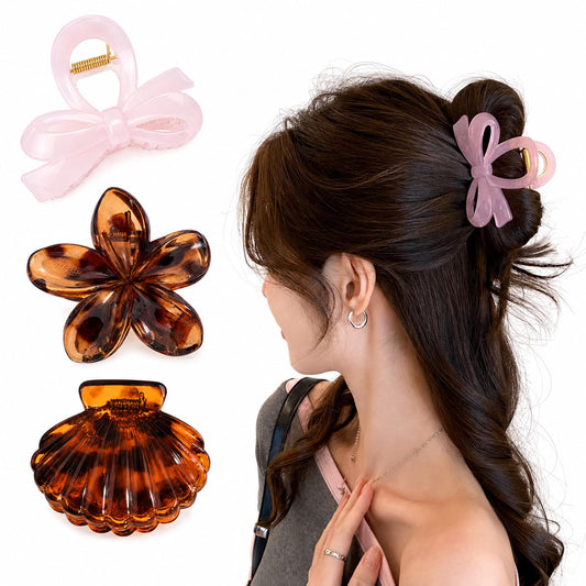 S.A.V.I Hair Claw Clips Set of 3, Bow Flower & Shell, 7-8 cm, Brown Tortoise & Pink, Strong Acrylic Grip for Thick & Medium Hair, Everyday