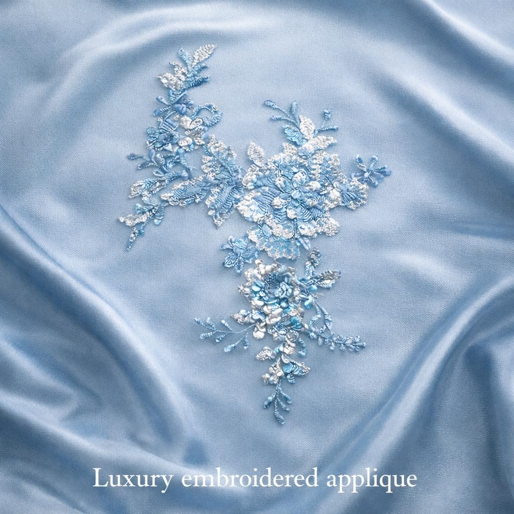 S.A.V.I Light Blue Floral Embroidered Sequin Applique Patch Sew-On, 25 x 29 cm Net Fabric with Leaf & Flower Design for Dresses, Gowns, Kurtis & DIY Fashion Accessories (Light Blue)