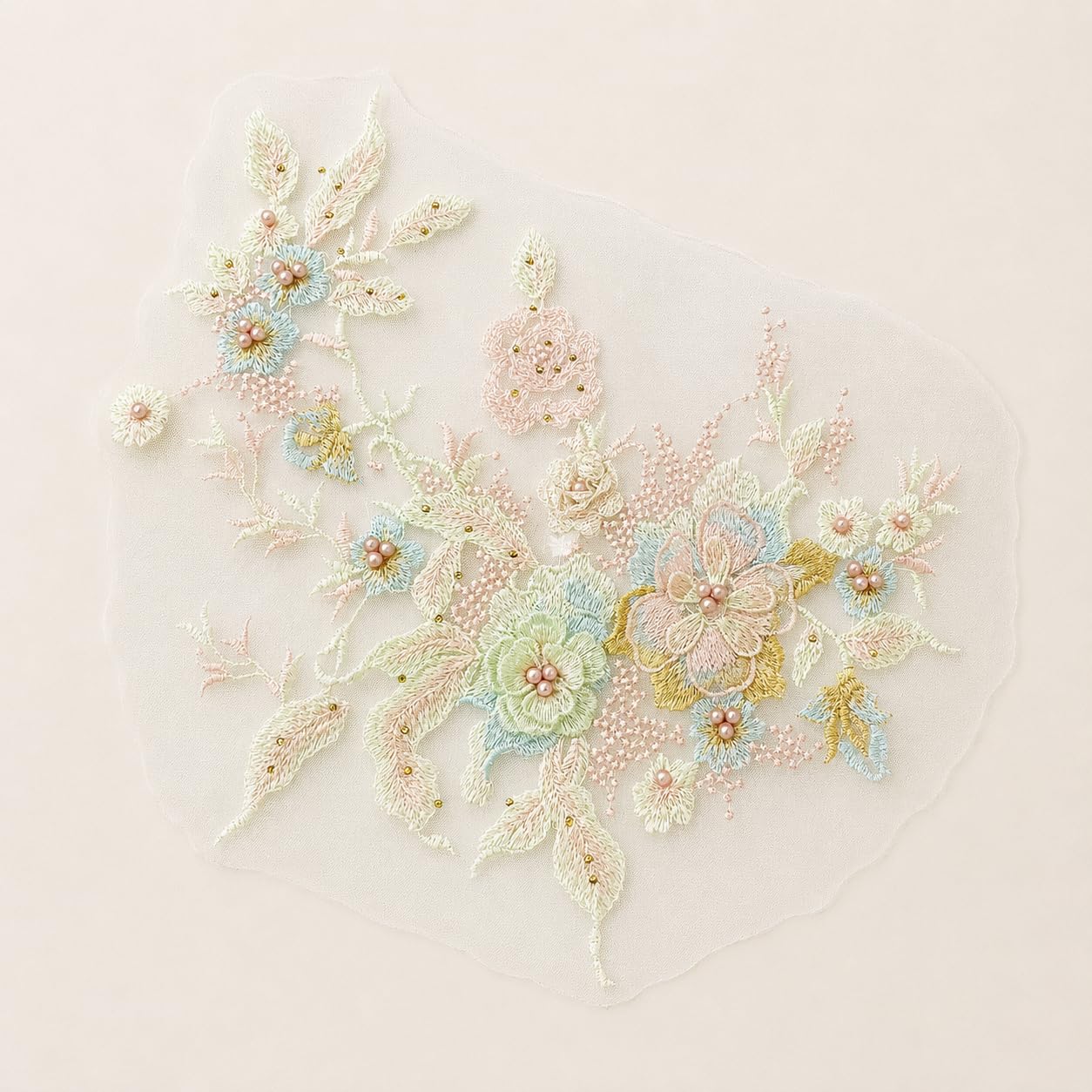 S.A.V.I Big Floral Embroidery Patch Sew-On Applique 36x25 cm|Beige & Pink Mesh Design, DIY Craft Embellishment, For Saree Blouse & Kurta, Hand or Machine Stitch, 1 Pc