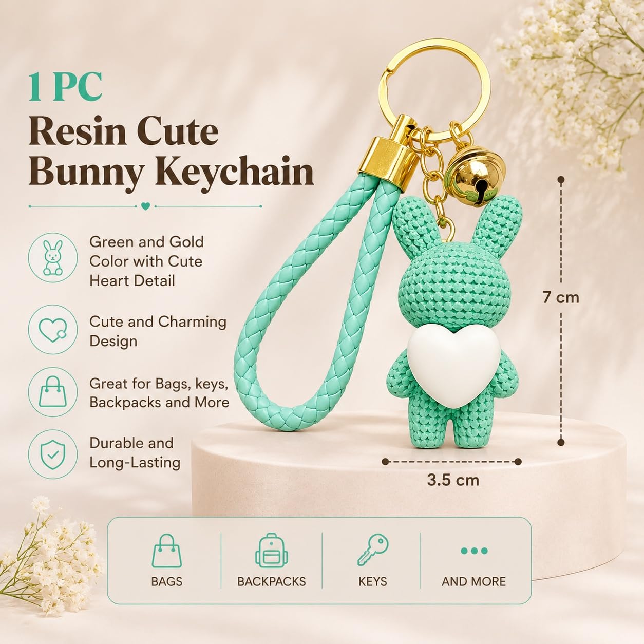 S.A.V.I Resin Bunny Keychain Rabbit Bag Charm Mint Green & Gold | 7 cm Heart Pendant, with Wrist Strap, for Handbags & Backpacks, Gold Finish, for Women