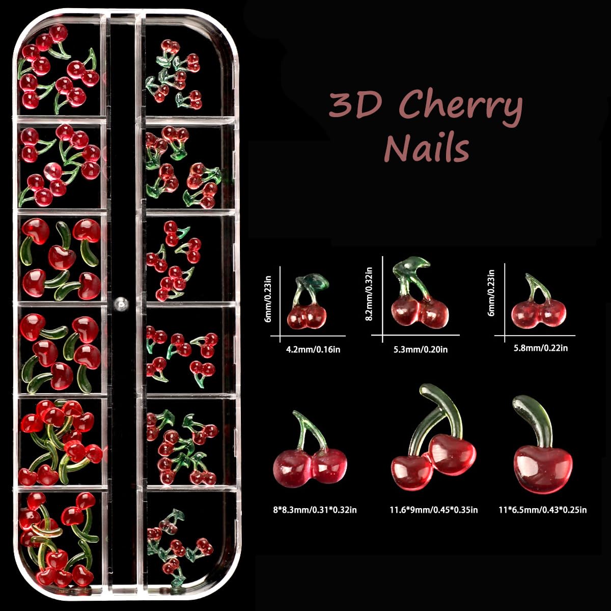 S.A.V.I 3D Cherry Nail Art Charms Set (62 Pcs) | Red & Green Resin Mini Fruit Designs | Mixed Sizes | Glossy Finish | DIY Nail Decoration | 12-Grid Storage Box