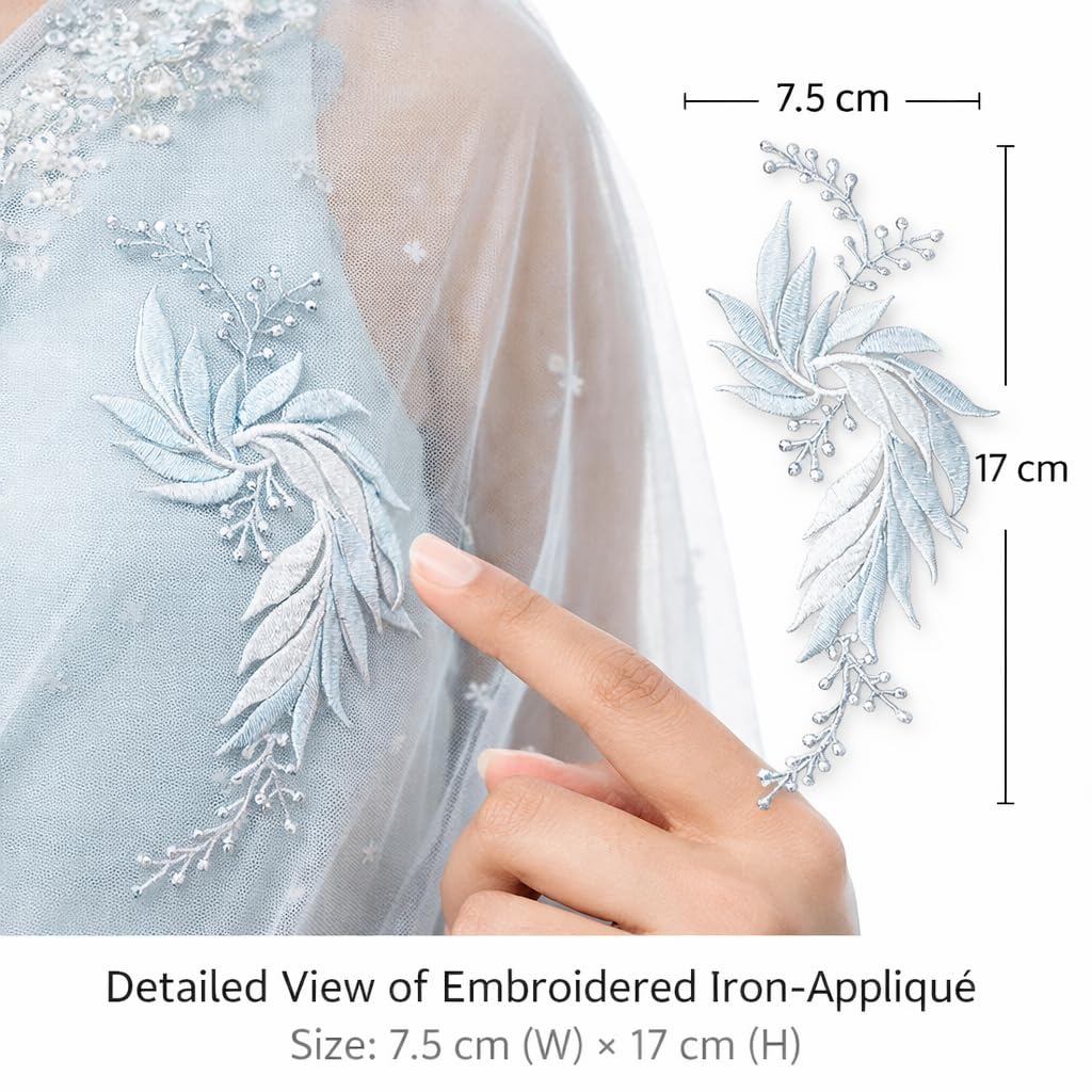 S.A.V.I White Blue & Silver Floral Iron-On Embroidered Appliqué Patch 7.5 x 17 cm | Leaf Motif Threadwork Design for Dresses, Sarees, Blouses & DIY Fabric Craft (Right, White-Blue, 7.5 x 17 cm)