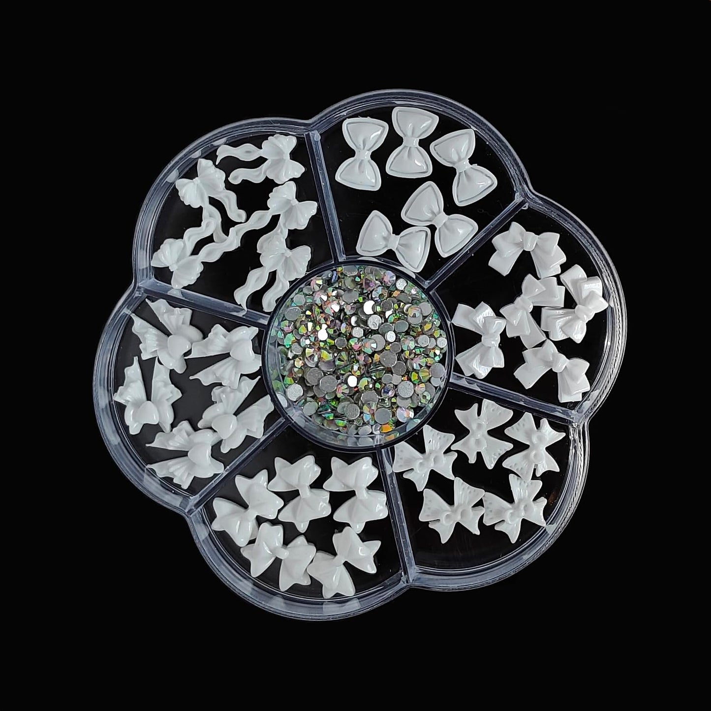 S.A.V.I 3D White Bow Nail Art Charms Set with 7-Section Box (8.3 cm) | Resin Bowknot & AB Flat-Back Rhinestones | Glossy DIY Nail Accessories for Salon & Home Use