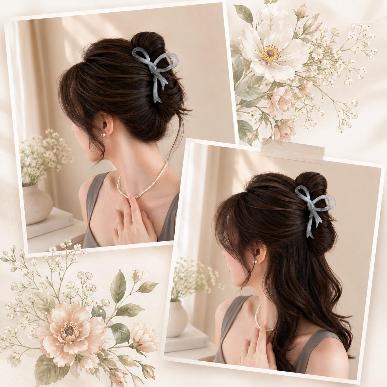 S.A.V.I Bow Hair Claw Clip for Women, Grey, 13 cm | Strong Hold, Lightweight, Acrylic Material, Formal & Casual Styles, For Girls
