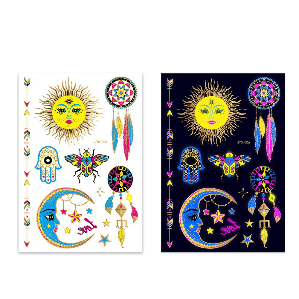 S.A.V.I Neon Temporary Tattoos, Glow UV Neon Body Face Skin Large Tattoo, Sun, Moon, Stars, Arrows, Tattoos Flash Fake Waterproof Tattoo Stickers for Women Men Girls Body Art, Size- 21x15CM