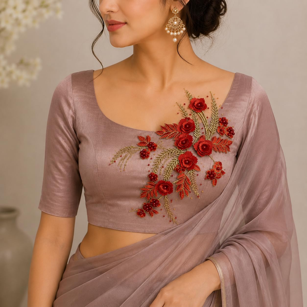 S.A.V.I Floral Embroidery Patch Sew-On Applique Red Gold 34x25cm|DIY Mesh Lace Motif for Kurta, Blouse, Saree, Gown & Dress Neckline, Handcrafted Women’s Garment Embellishment, 1 Pc