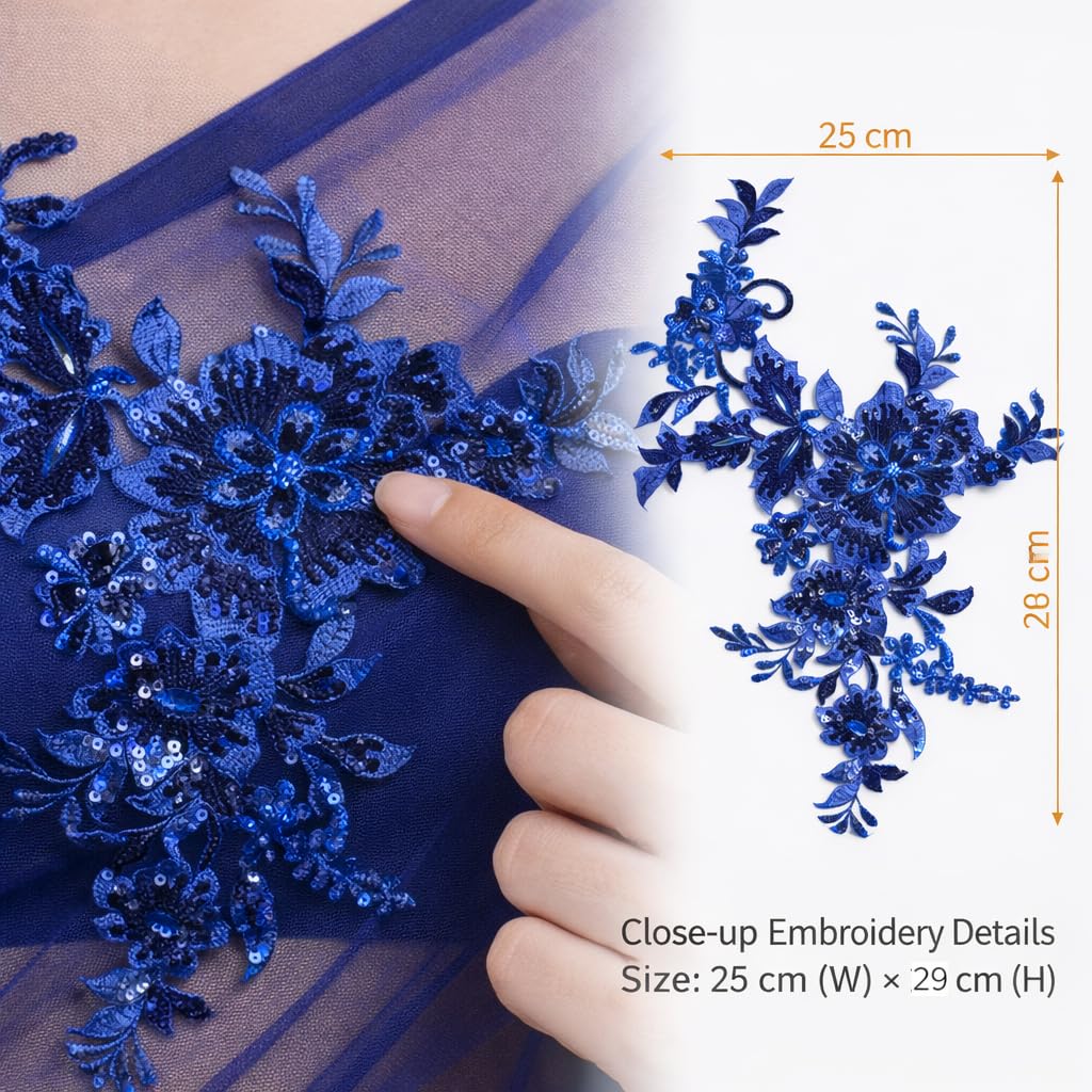 S.A.V.I Blue Floral Sequin Embroidered Appliqué Patch 25x29 cm on Mesh, Asymmetrical Designer Motif, Sew-On Craft Accent for Saree, Gown, Lehenga & Dress DIY (Blue)
