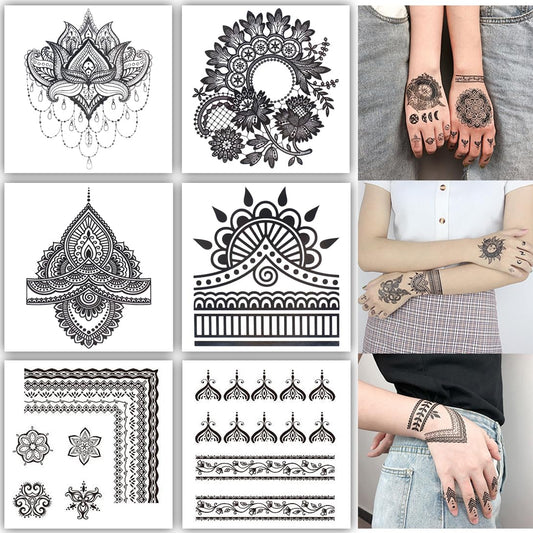 S.A.V.I 6 Sheet Black Heena Style Temporary Tattoo for Women & Girls | Waterproof Mehndi Body Art Stickers | Safe Non-Toxic | Indian Intricate Designs for Hands, Arms, Fingers (8x7.5 cm) (1)