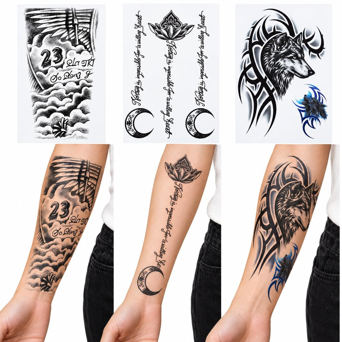 S.A.V.I Temporary Tattoo Stickers Black Wolf Moon Script Cloud 15x21cm
