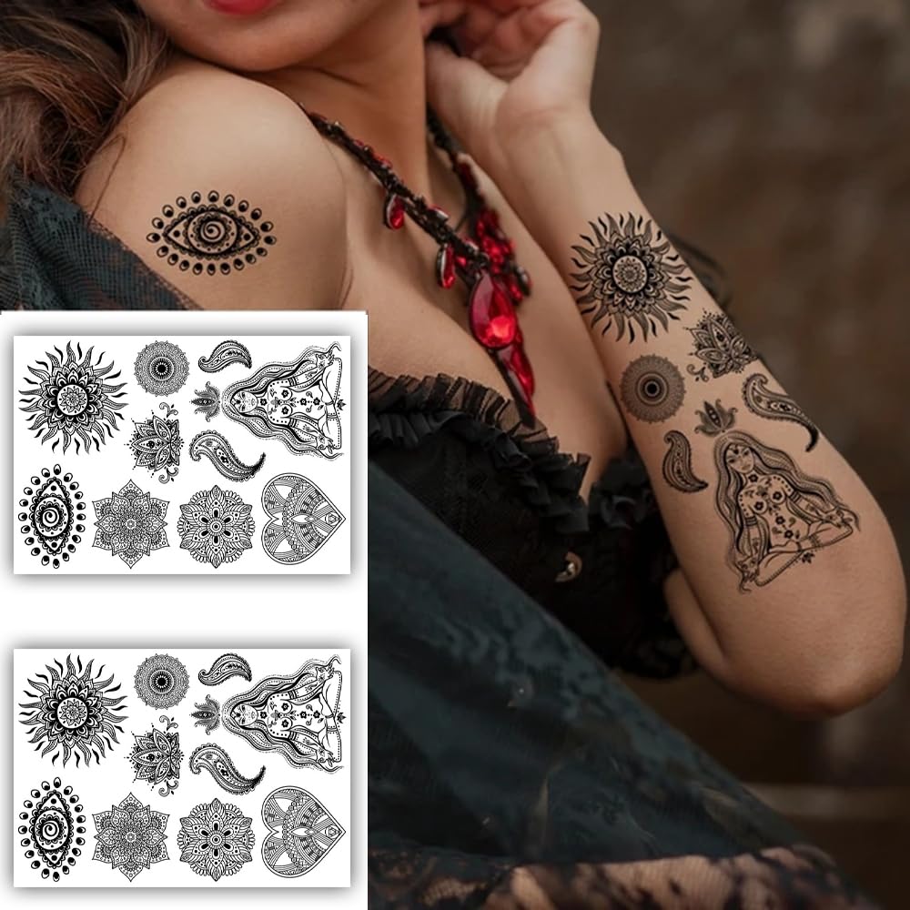 S.A.V.I 2 Sheets, Temporary Tattoo Stickers for Women - Black, Mandala  Geometric Designs, 21x15 cm, Ideal for Arms  Body