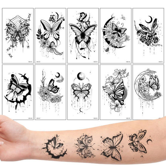 S.A.V.I Black Butterfly & Floral Moon Temporary Tattoo (10 Sheets), 6.8x12 cm Large Waterproof Body Stickers, Safe Non-Toxic Realistic Arm Shoulder Collarbone Design for Women & Girls (#325)