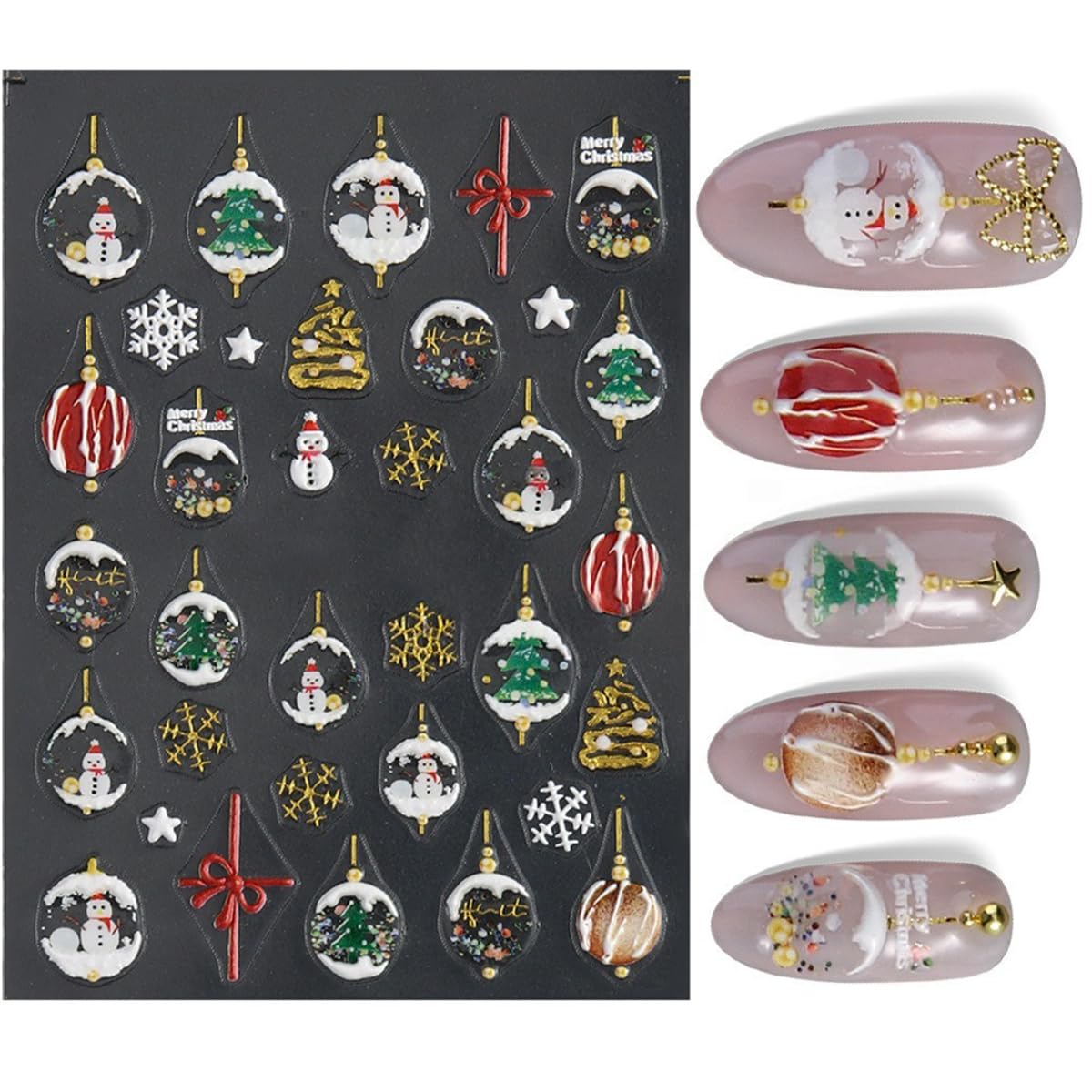 S.A.V.I 2 Sheets - 3D Christmas Nail Art Stickers Self-Adhesive Resin Decals in Gold White Red Green, Snowman Tree Bauble Designs, Festive DIY Manicure Decor for Women