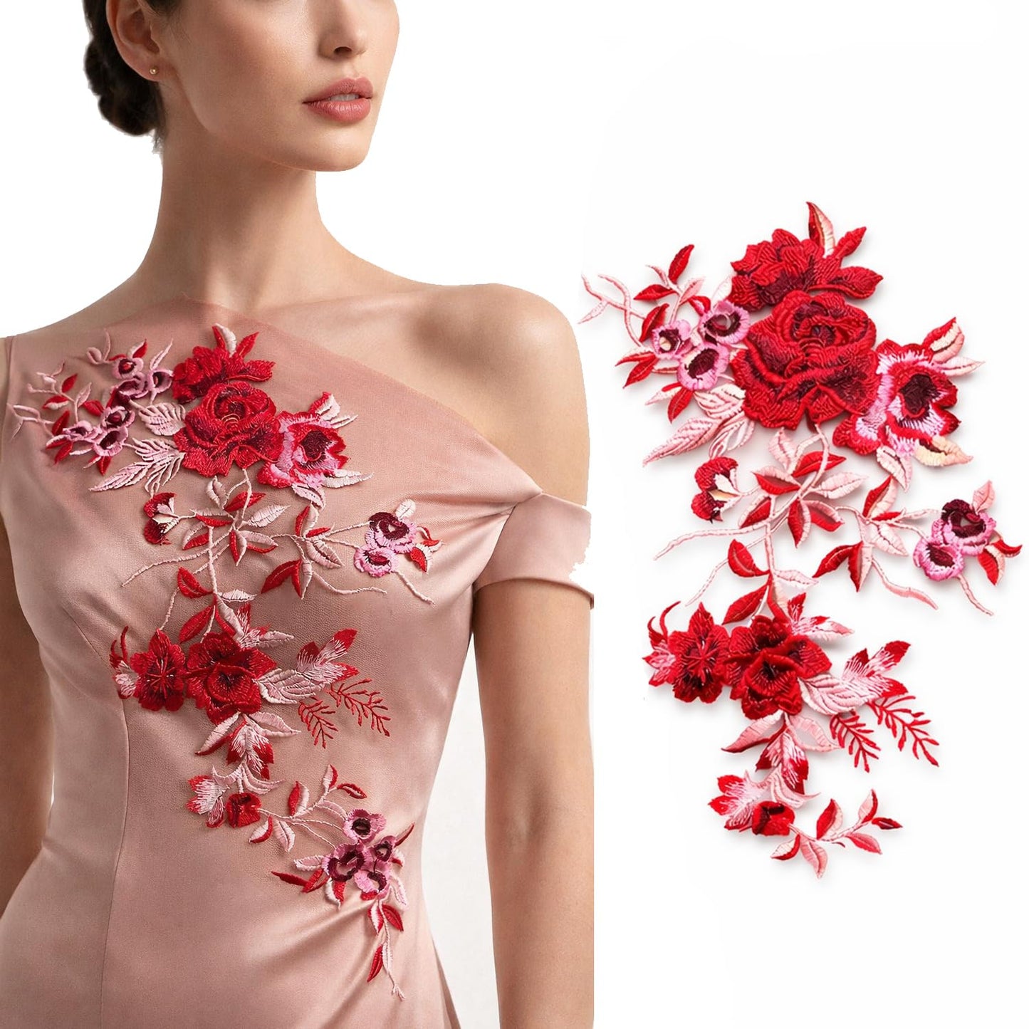 S.A.V.I Red & Pink Floral Embroidered Lace Applique Patch (21x50 cm), Net Fabric Vertical Vine Design, Sew-On for Dress, Gown, Blouse & Lehenga Decoration (Red)