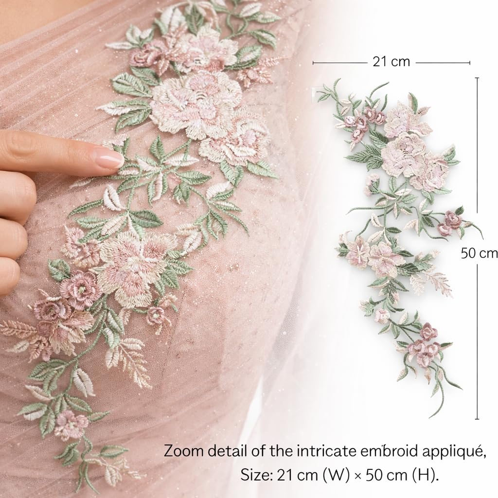 S.A.V.I Soft Blush Pink & Pastel Green Floral Embroidered Sew On Appliqué Patch 21 x 50 cm | Net Thread Work | Vertical Vine Design for Bridal Gowns, Sarees & Evening (Green)