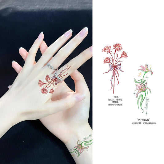 S.A.V.I Temporary Tattoo Sticker Sheet | Floral Rose & Lily 1 Pc, 12 x 7.6 cm | Multi-Colour Waterproof Non-Toxic Removable Body Art for Arm Hand Finger | Long Lasting Skin Friendly Women & Girls (56)
