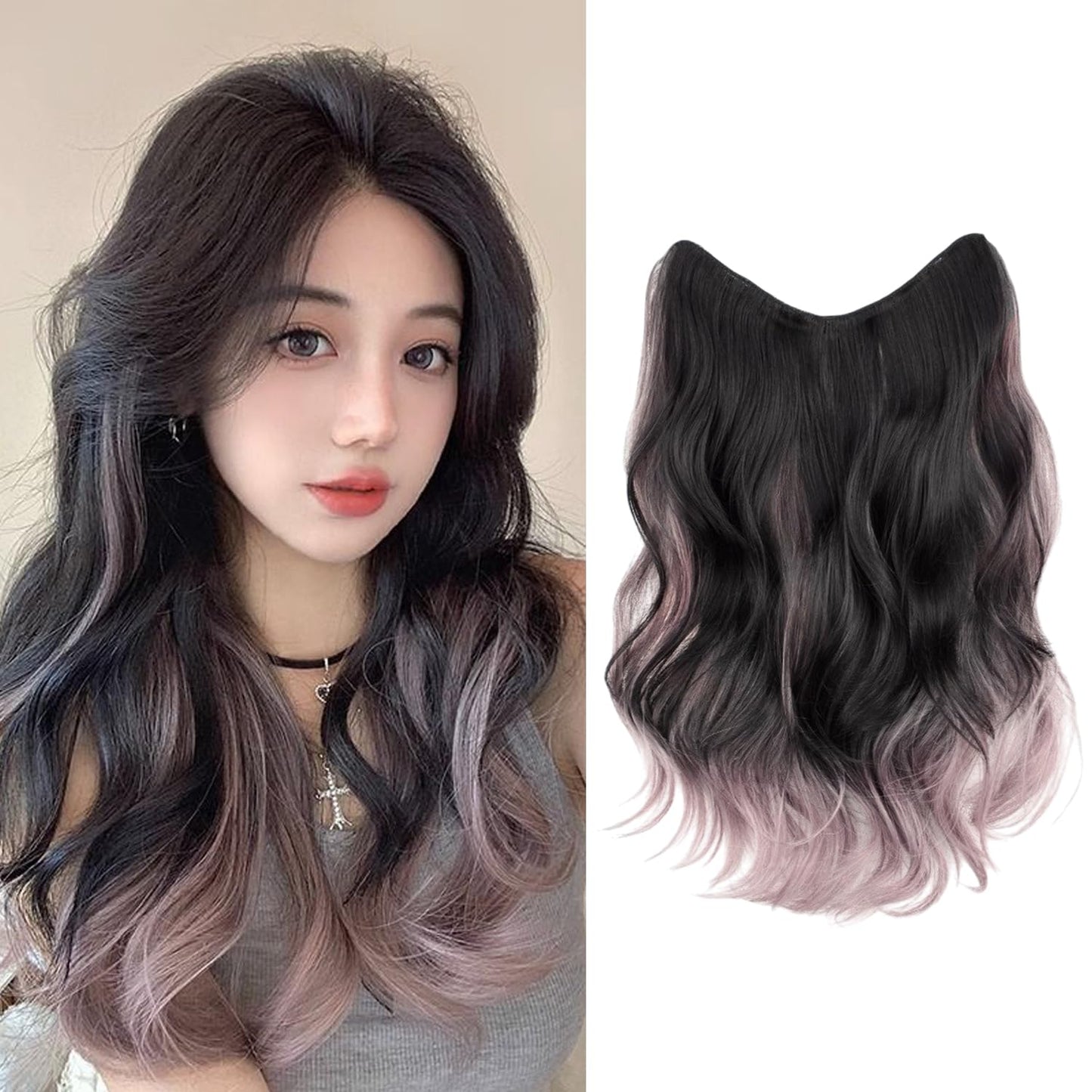 S.A.V.I 50cm Wavy Clip-In Hair Extension for Women | Natural Black & Dusty Pink Blonde Highlights | Dual-Tone Ombre Synthetic Hairpiece | Volumizing Half Head Long Hair Extension