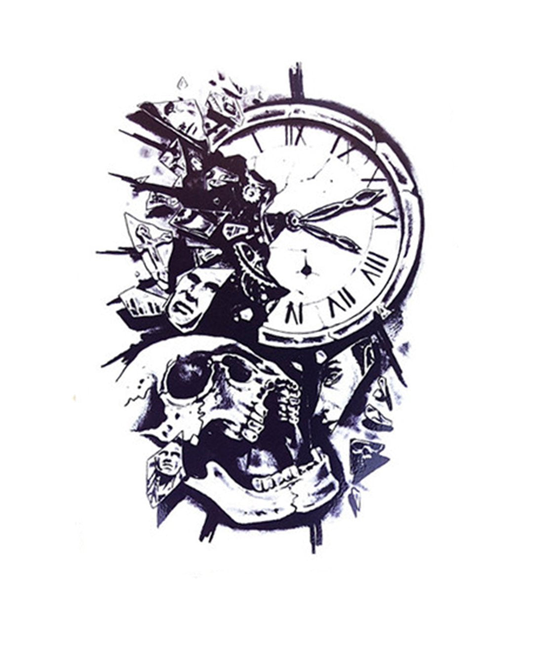 S.A.V.I Temporary Tattoo For Girls Men Women 3D Skull  Clock Sticker Size 21x15CM - 1PC.