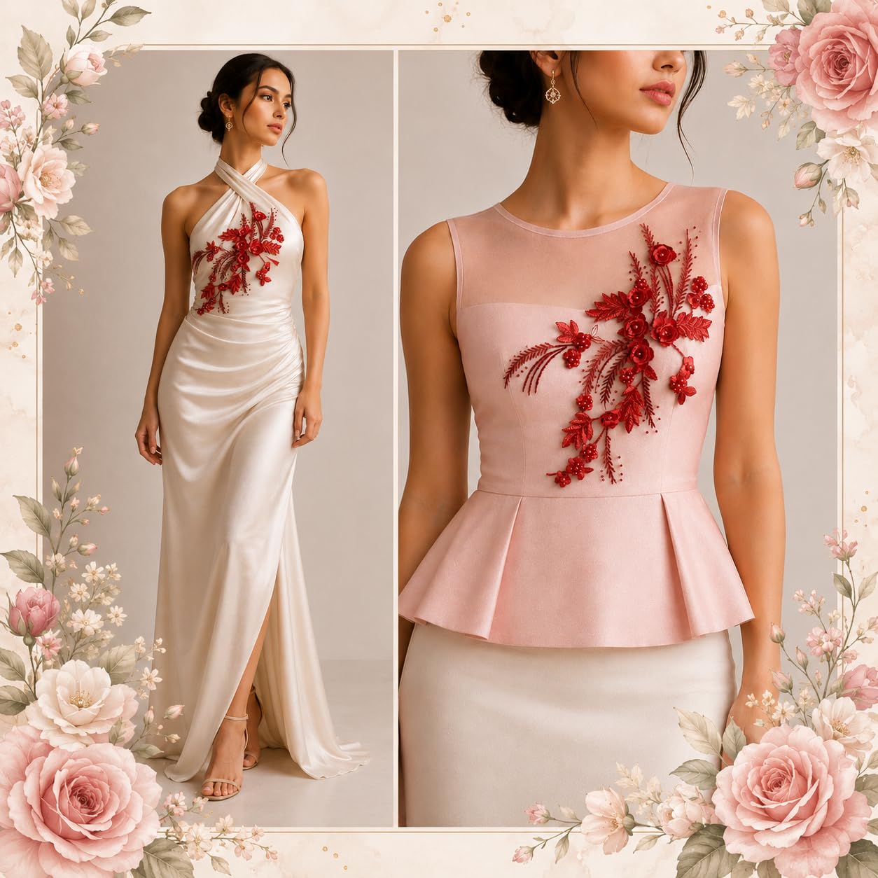 S.A.V.I Red Floral Embroidery Patch Sew-On Applique Kurti Blouse|3D Pearl Lace Motif 34x24 cm for Dresses, Gowns, Tops, DIY Craft & Custom Fashion