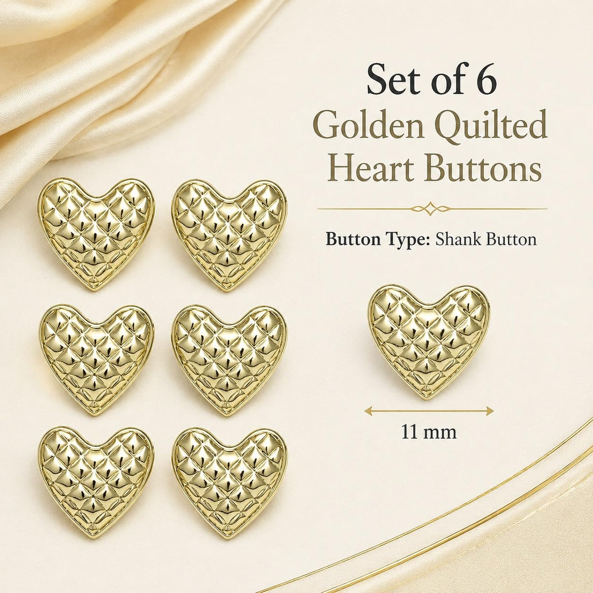 S.A.V.I Golden Heart Shape Sewing Buttons 11mm Pack of 6 | Quilted Shank Fasteners, DIY Crafts, For Blazers & Jackets, Decorative Embellishments