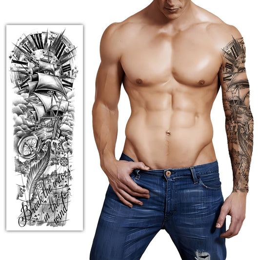 S.A.V.I Sail Boat  Clock Full Arm Temporary Tattoo - Men and Women - 48x17cm