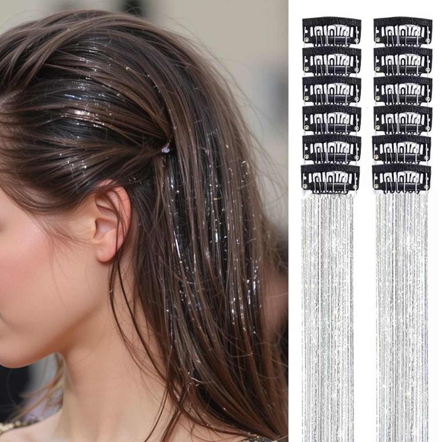 S.A.V.I Silver Glitter Hair Tinsel Clip-In Extensions 12 Pcs Pack | 50cm Shimmer Metallic Fairy Strands with Snap Clip | Reusable Sparkle Hair Accessory for Women, Girls, Parties & Festivals