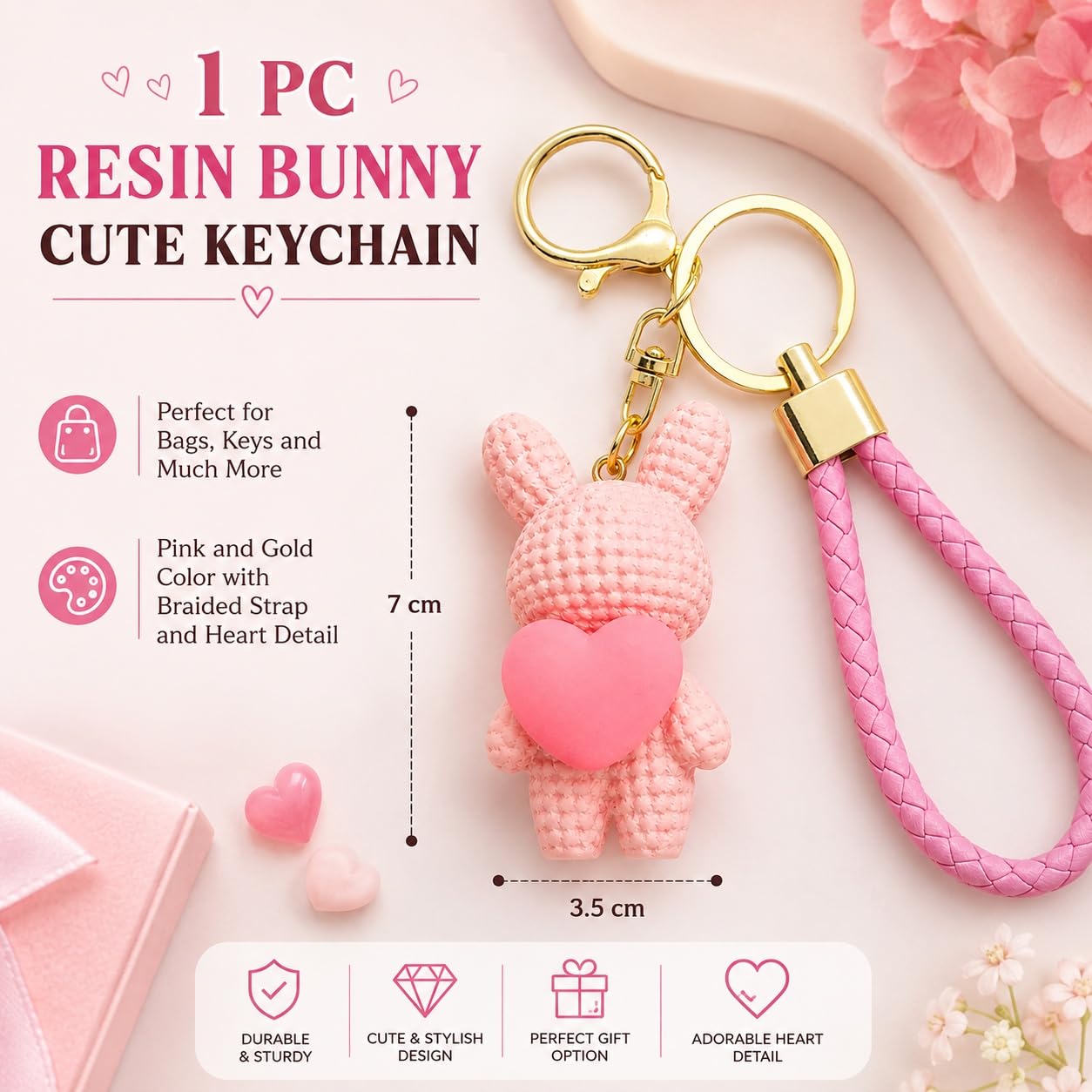 S.A.V.I Resin Bunny Keychain with Wrist Strap, Pink, 7 cm | Heart Pendant, Gold-Tone Ring, Durable PVC Loop, Bag Charm, for Women & Girls